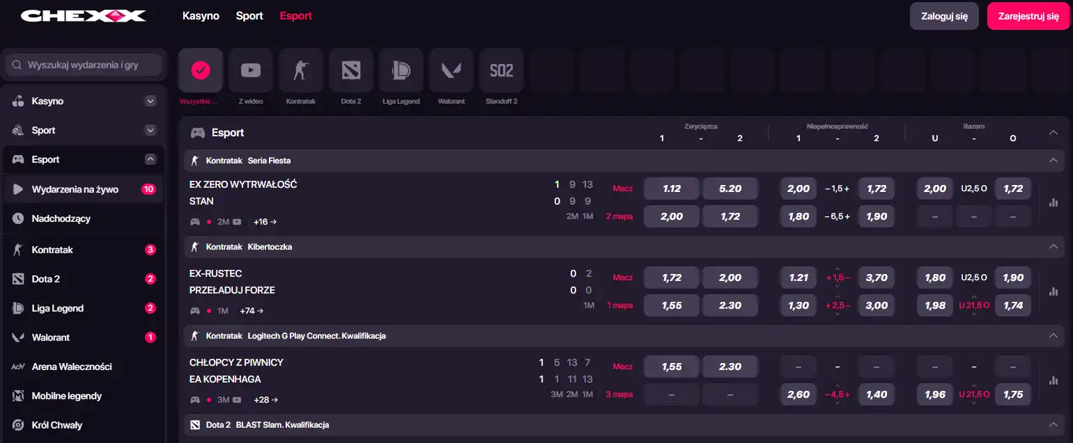 Interfejs sportsbooku CHEXX z kategoriami sportowymi i esports