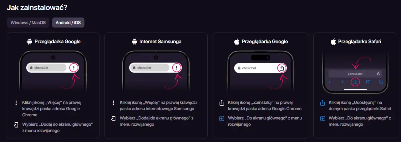 Mobilny ekran CHEXX lub instrukcja instalacji PWA bez danych użytkownika