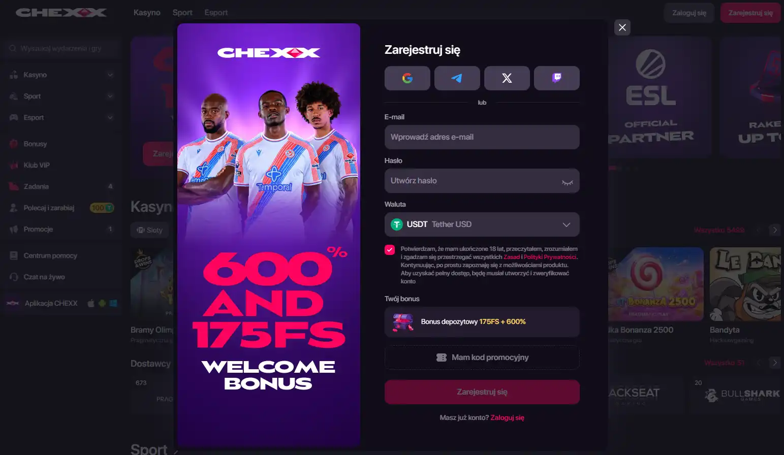Ekran rejestracji i weryfikacji konta CHEXX bez danych osobowych
