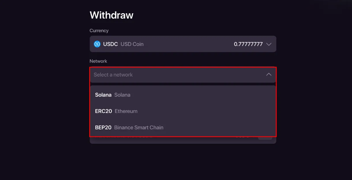 Formularz wypłaty CHEXX z wyborem kryptowaluty i sieci
