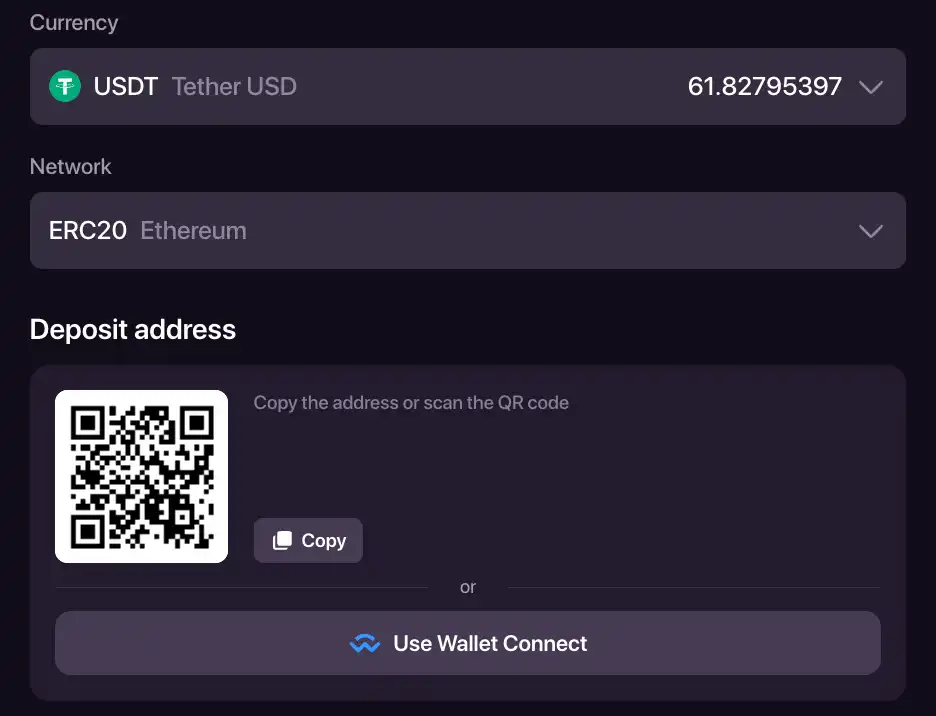 Ekran wpłaty CHEXX z wyborem kryptowaluty i sieci