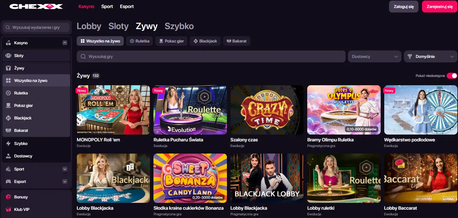 Lobby kasyna na żywo CHEXX z kategoriami gier dealerskich