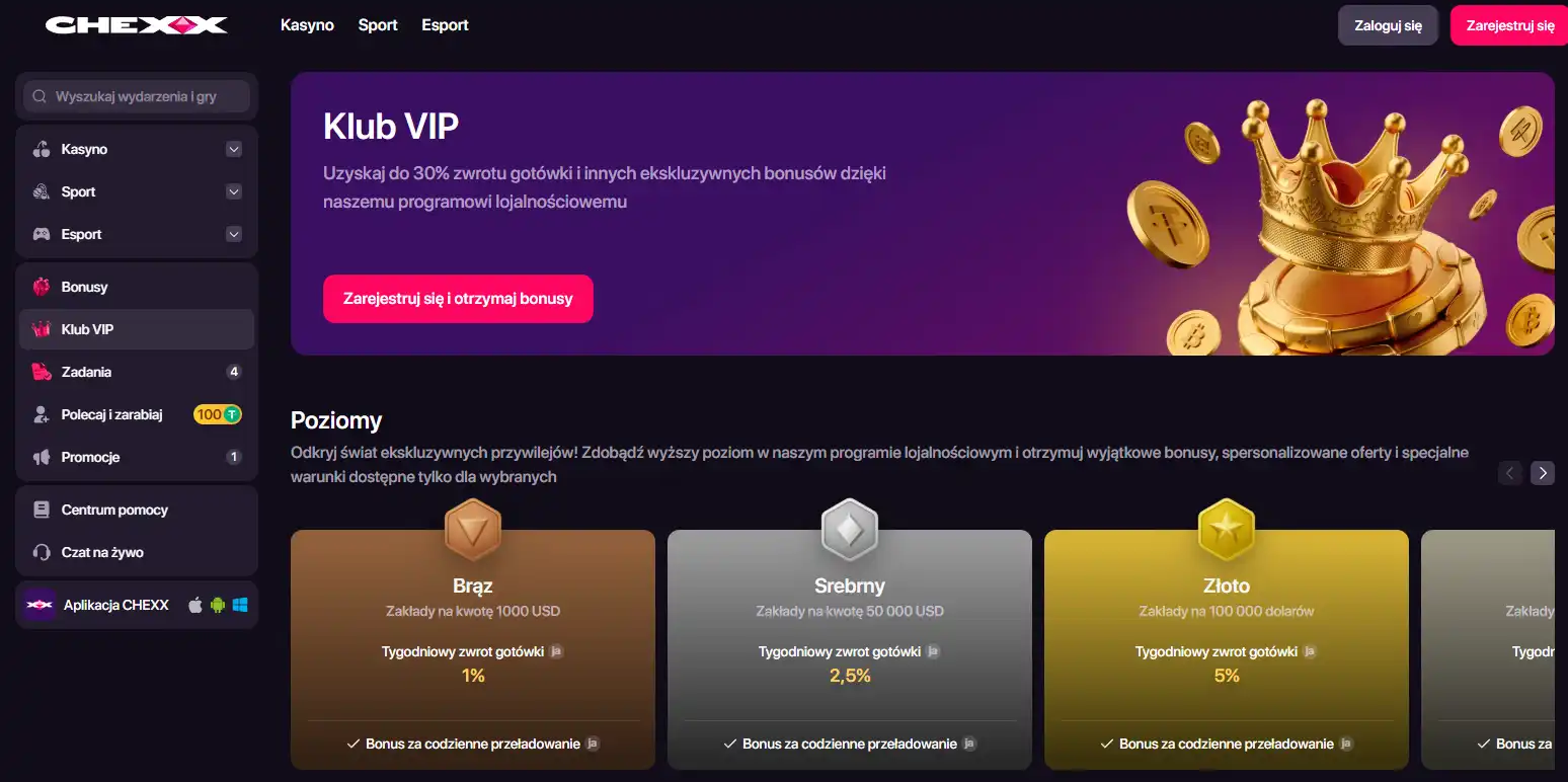 Aktualny ekran programu VIP i promocji CHEXX