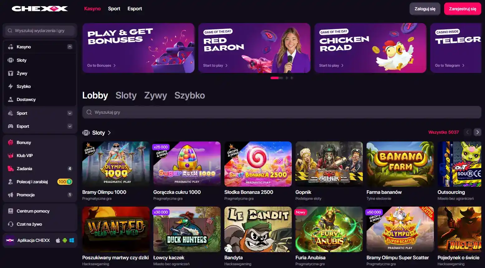 Lobby kasyna CHEXX z kategoriami i kafelkami gier